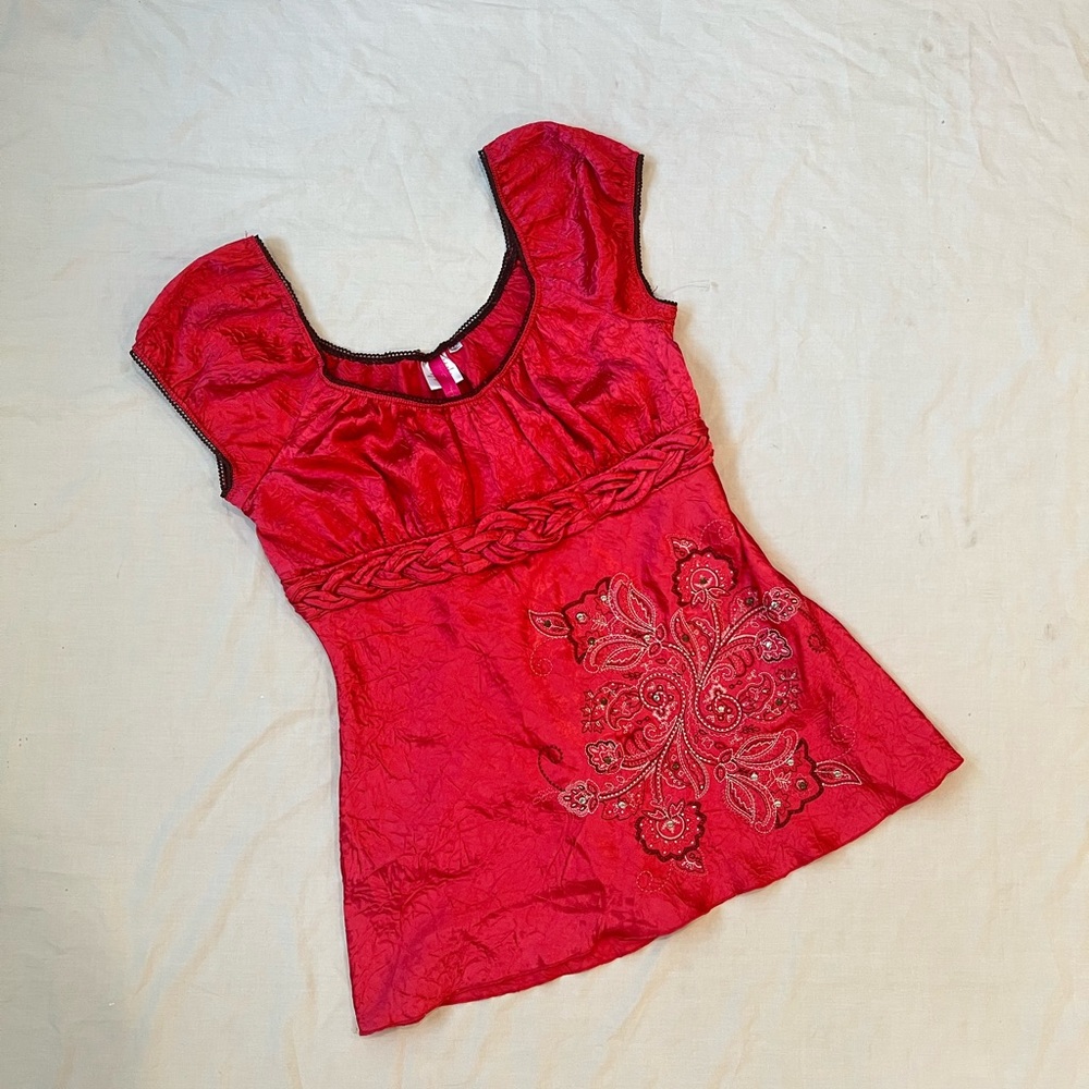Heart soul y2k satin embroidered top